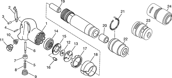 Image of System. Front orientation. Exploded view. Contains Annotated. Air Hammer Replacement Parts. Chipping Air Hammers, For Curved Grips.