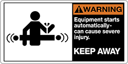 Image of Product. Front orientation. Labels. Conveyor Safety Labels , Warning—Equipment Starts Automatically—Can Cause Severe Injury—Keep Away, Horizontal Orientation.