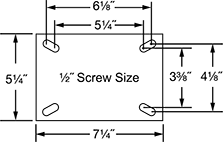 Image of Specification. Front orientation. Contains Annotated. For 1/2" Screws. Extra-High-Capacity Plate Casters with Rubber Wheels.