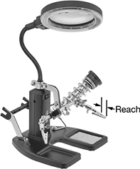 Image of Product. Front orientation. Contains Annotated. Spring Clamp Workholders. Two Spring Clamps with Illumination and 1.75X Magnification and Rectangular Base.