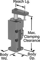 Image of Product. Front orientation. Contains Annotated. Fixture Clamps. Air-Powered Hold-Down Fixture Clamps for Welding, Steel Holding Screw Tip.
