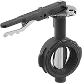 Image of Product. Front orientation. Flow-Adjustment Valves. Flanged Flow-Adjustment Valves for Chemicals, Wafer Valves with Lockable Lever Handle, 4 Bolt Holes.