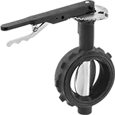 Image of Product. Front orientation. Flow-Adjustment Valves. Flanged Flow-Adjustment Valves for Chemicals, Wafer Valves with Lockable Lever Handle, 8 Bolt Holes.