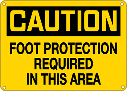Image of Product. Front orientation. Polyethylene Plastic Sign with Mounting Holes, (Caution-Foot Protection. . .), 7" High, 10" Wide.