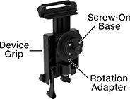Image of ProductInUse. Shown Installed with a Device Grip and Screw-On Base (Sold Separately). Back orientation. Contains Annotated. Positioning Arms. Ball-Grip Positioning Arms , Rotation Adapters.