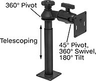 Image of Product. Screw On. Front orientation. Contains Annotated. Monitor Mounts. Benchtop Monitor Mounts, Adjustable Height.
