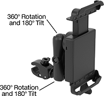 Image of Product. Front orientation. Contains Annotated. Positioning Arms. Vibration-Resistant Tablet Positioning Arms, Clamp-On Pipe Mount.