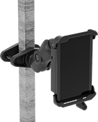 Image of ProductInUse. Shown Installed. Front orientation. Positioning Arms. Vibration-Resistant Tablet Positioning Arms, Clamp-On Rectangular-Bar Mount.