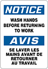 Image of Product. Front orientation. Signs. Hand-Washing Signs, Notice—Wash Hands Before Returning To Work/Avis—Se Laver Les Mains Avant De Retourner Au Travail (English/French).