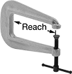 Image of Product. Iron Body and 3" to 6 1/4" Reach. Front orientation. Contains Annotated. C-Clamps. Extended-Reach C-Clamps, Powder-Coated Iron Body.