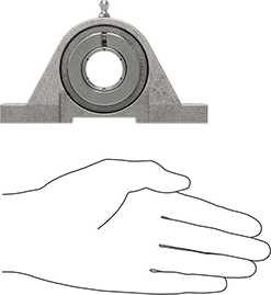 Image of Product. Side1 orientation. Contains SizingReference. Food-and-Beverage Mounted Ball Bearing, 316 Stainless Steel Housing, Clamp on, for 1" Shaft Diameter.