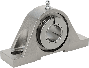 Image of Product. Front orientation. Food-and-Beverage Mounted Ball Bearing, 316 Stainless Steel Housing, Clamp on, for 1" Shaft Diameter.