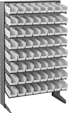 Image of Product. Front orientation. Bin Racks. Gravity-Flow Bin-Box Racks, Stationary, Total of 64 Bins.