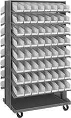 Image of Product. Front orientation. Bin Racks. Gravity-Flow Bin-Box Racks, Rolling, Total of 128 Bins.