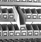 Image of ProductInUse. Style A (Shown Tilted Out from Shelf). Front orientation. Bins. Easy-Assemble Cardboard Bins, Style A.