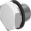 Image of Product. Male. Front orientation. Pipe and Fittings. High-Pressure Brass and Bronze Threaded Pipe Fittings, External-Hex-Drive Plugs with Gasket, Threaded Fitting Connection, Male, Hex Body.