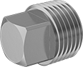 Image of Product. Male. Front orientation. Pipe and Fittings. High-Pressure Brass and Bronze Threaded Pipe Fittings, External-Square-Drive Plugs, Threaded Fitting Connection, Male, Square Body.