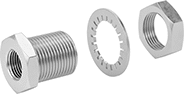 Image of Product. Exploded View. Front orientation. Exploded view. Pipe and Fittings. High-Pressure Brass and Bronze Threaded Pipe Fittings, Through-Wall Straight Connectors, Female, Threaded Fitting Connection, Hex Body.