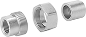 Image of Product. Exploded View. Front orientation. Pipe and Fittings. High-Pressure Brass and Bronze Threaded Pipe Fittings, Union Straight Connectors, Threaded Fitting Connection, Female, Hex Body.