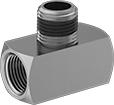 Image of Product. Female x Male x Female. Front orientation. Pipe and Fittings. High-Pressure Brass and Bronze Threaded Pipe Fittings with Sealant, Inline Tee Adapters, Male, Threaded Fitting Connection, Female, Square Body.