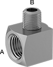 Image of Product. Female x Male. Front orientation. Contains Annotated. Pipe and Fittings. High-Pressure Brass and Bronze Threaded Pipe Fittings, 90° Elbow Reducing Adapters, Threaded Fitting Connection, Male, Female, Square Body.