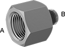 Image of Product. Female x Male. Front orientation. Contains Annotated. Pipe and Fittings. High-Pressure Brass and Bronze Threaded Pipe Fittings with Sealant, Straight Reducing Adapters, Male, Female, Threaded Fitting Connection, Hex Body.