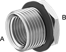 Image of Product. Male x Female. Front orientation. Contains Annotated. Pipe and Fittings. High-Pressure Brass and Bronze Threaded Pipe Fittings, Bushing Straight Reducing Adapters with Gasket, Female, Threaded Fitting Connection, Male, Hex Body.