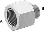 Image of Product. Female x Male. Back orientation. Contains Annotated. Pipe and Fittings. High-Pressure Brass and Bronze Threaded Pipe Fittings, Straight Reducing Adapters with Gasket, Male, Female, Threaded Fitting Connection, Hex Body.