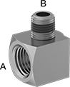 Image of Product. Female x Male. Front orientation. Contains Annotated. Pipe and Fittings. High-Pressure Brass and Bronze Threaded Pipe Fittings with Sealant, 90° Elbow Reducing Adapters, Male, Female, Threaded Fitting Connection, Square Body.