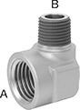 Image of Product. Female x Male. Front orientation. Contains Annotated. Pipe and Fittings. High-Pressure Brass and Bronze Threaded Pipe Fittings with Sealant, 90° Elbow Reducing Adapters, Threaded Fitting Connection, Female, Male, Round Body.