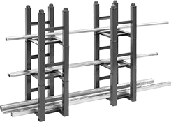 Image of ProductInUse. Six Racks Stacked Three High. Front orientation. Pipe Racks. Heavy Duty Stackable Pipe Racks.