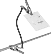 Image of ProductInUse. Shown with Clamp-On Mount. Front orientation. Spring Clamps. Spring Clamps with Flexible Arm, Steel Body, 2" Maximum Opening, Rubber Jaw, Clamp On.