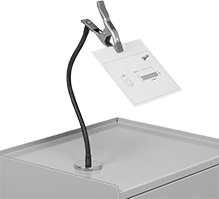 Image of ProductInUse. Shown with Magnetic Mount. Front orientation. Spring Clamps. Spring Clamps with Flexible Arm, Steel Body, 2" Maximum Opening, Rubber Jaw, Magnetic.