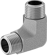 Image of Product. Male. Front orientation. Pipe and Fittings. High-Pressure Iron and Steel Threaded Pipe Fittings, 90° Elbow Connectors, Male, Threaded Fitting Connection.