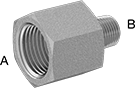 Image of Product. Straight Reducing Adapters. Front orientation. Contains Annotated. Pipe and Fittings. High-Pressure Iron and Steel Threaded Pipe Fittings, Straight Reducing Adapters, Threaded Fitting Connection, Female, Male, Hex Body.