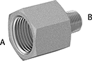 Image of Product. Female x Male. Front orientation. Contains Annotated. Pipe and Fittings. Extreme-Pressure Iron and Steel Threaded Pipe Fittings, Straight Reducing Adapters, Male, Female, Threaded Fitting Connection, Hex Body.