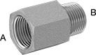 Image of Product. Female × Male. Front orientation. Contains Annotated. Pipe and Fittings. High-Pressure Iron and Steel Threaded Pipe Fittings, Straight Adapters, Male, Female, Threaded Fitting Connection, Hex Body.