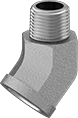 Image of Product. NPTF Female × NPTF Male. Front orientation. Pipe and Fittings. High-Pressure Iron and Steel Threaded Pipe Fittings, 45° Elbow Adapters, Threaded Fitting Connection, Male, Female.