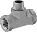 Image of Product. Female × Male × Female. Front orientation. Pipe and Fittings. High-Pressure Iron and Steel Threaded Pipe Fittings, Inline Tee Adapters, Threaded Fitting Connection, Female, Male, Hex Body.