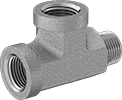 Image of Product. Female × Female × Male. Front orientation. Pipe and Fittings. High-Pressure Iron and Steel Threaded Pipe Fittings, Right Angle Tee Adapters, Male, Threaded Fitting Connection, Female, Hex Body.