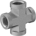 Image of Product. NPTF Female. Front orientation. Pipe and Fittings. High-Pressure Iron and Steel Threaded Pipe Fittings, Cross Connectors, Female, Threaded Fitting Connection, Hex Body.