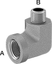 Image of Product. Female x Male. Front orientation. Contains Annotated. Pipe and Fittings. High-Pressure Iron and Steel Threaded Pipe Fittings, 90° Elbow Adapters, Threaded Fitting Connection, Male, Female, Hex Body.