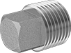 Image of Product. Male. Front orientation. Pipe and Fittings. Extreme-Pressure Iron and Steel Threaded Pipe Fittings, External-Square-Drive Plugs, Male, Threaded Fitting Connection, Square Body.