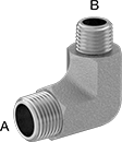 Image of Product. Male x Male. Front orientation. Contains Annotated. Pipe and Fittings. Extreme-Pressure Iron and Steel Threaded Pipe Fittings, 90° Elbow Reducers, Threaded Fitting Connection, Male.