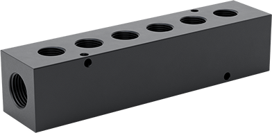 Image of Product. Front orientation. Aluminum Right-Angle Flow Rectangular Manifold, 6 Outlets on One Side, 1/2 NPT x 3/8 BSPP.