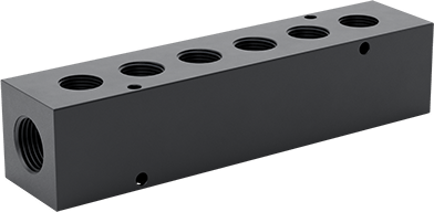 Image of Product. Back orientation. Aluminum Right-Angle Flow Rectangular Manifold, 6 Outlets on One Side, 1/2 NPT x 3/8 BSPP.