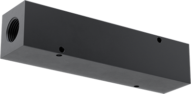 Image of Product. Back orientation. Aluminum Right-Angle Flow Rectangular Manifold, 6 Outlets on One Side, 1/2 NPT x 3/8 BSPP.