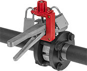Image of ProductInUse. Style E (Padlocks Not Included). Front orientation. Lockouts. Valve Handle Lockouts, Style E.