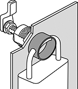 Image of ProductInUse. Bracket Shown Installed. Front orientation. Cam Latch Padlock Brackets.
