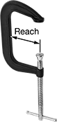 Image of Product. Steel Body and 4" to 6" Reach. Front orientation. Contains Annotated. C-Clamps. Extended-Reach C-Clamps, Steel Body, Sliding T-Handle, Steel Screw.